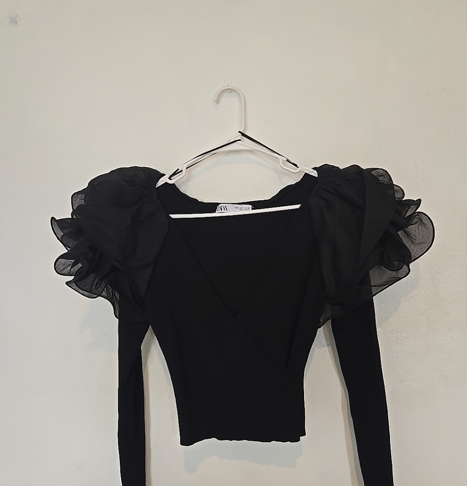 Zara Black Blouse with Ruffled Sleeves
